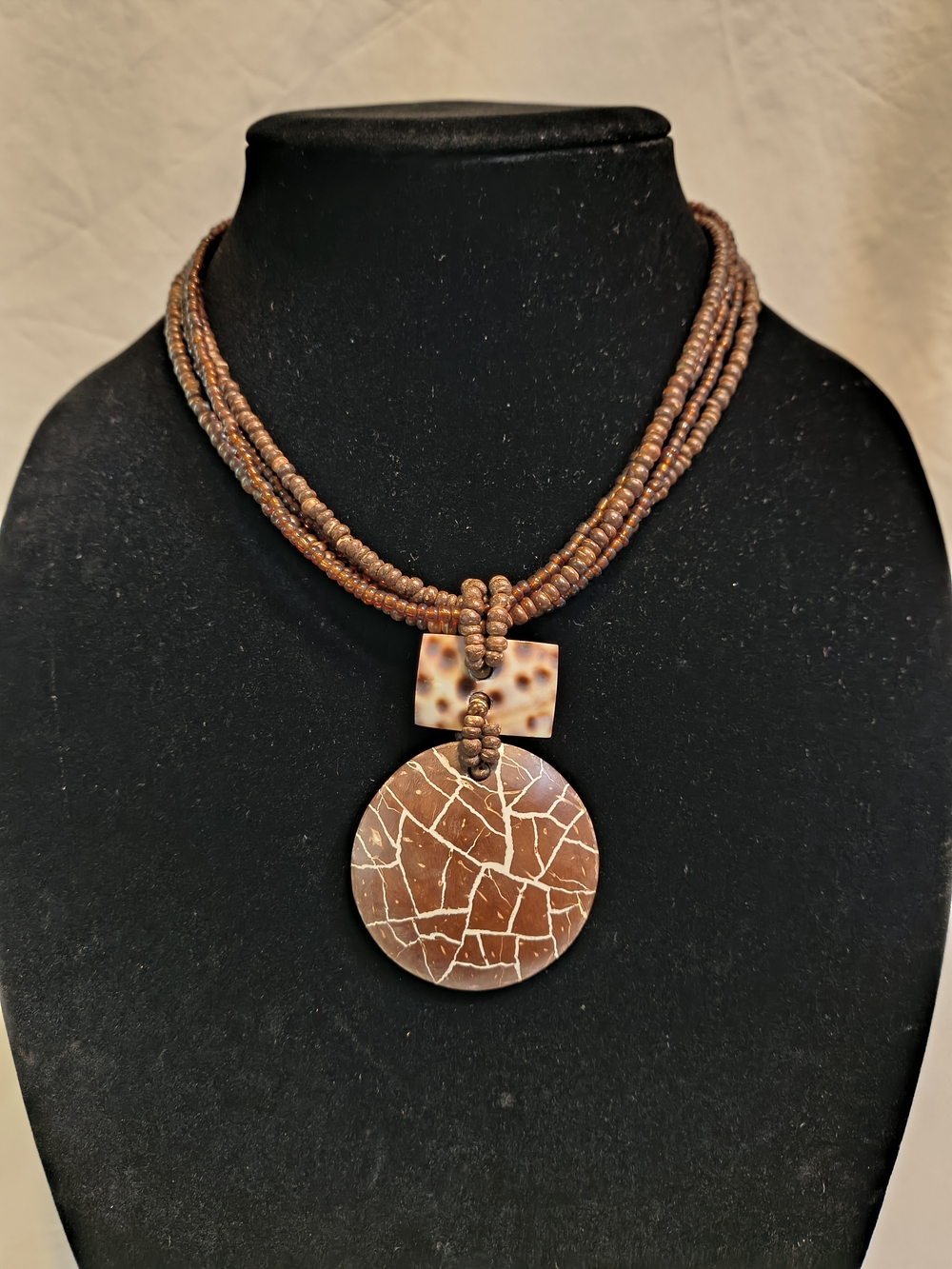Boho Brown Multi-Strand Beaded Necklace with Crackle Disc Pendant